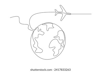 Travel around the world by airplane. Travel one-line drawing. Travel one-line drawing