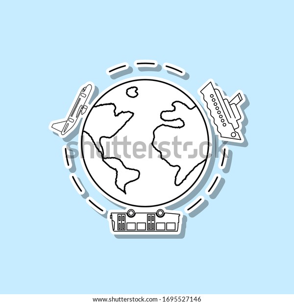 Travel around the world by\
airplane, bus and ship line Icon. Travel sticker icon. Simple thin\
line, outline vector icons for ui and ux, website or mobile\
application