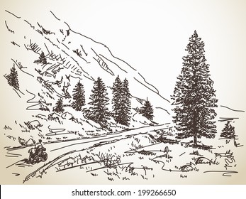 Travel around the world by bicycle, Hand drawn illustration, Vector sketch