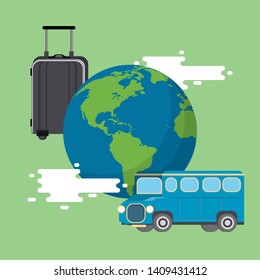 Travel around world by bus with luggage over green background vector illustration graphic design