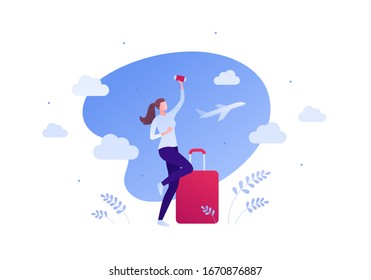 Travel around world by plane concept. Vector flat person illustration. Happy woman dancing with red bag. Blue sky with cloud and plane. Design element for banner, background, sketch.
