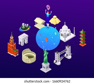 Travel around the world - colorful isometric illustration with a woman on a globe, famous landmarks. Statue of Liberty, Kremlin, pagoda, Colosseum, Taj Mahal, Tower bridge, Triumphal arch, Parthenon