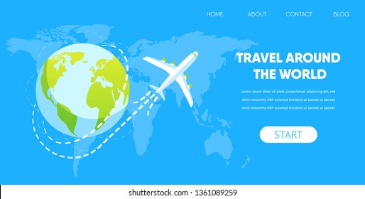 Travel Around World Concept. Airplane Fly Around Earth Globe Vector Illustration. Map America Asia Europe Africa Continent Background. Tourism Trip Company Adventure Journey Banner