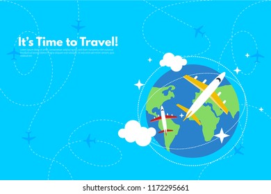 Travel around the world. Travel concept background. It’s Time to Travel text. Flat design vector illustration.