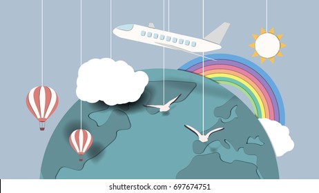 Travel around the world concept by plane and hot air balloon, paper craft/paper cut style
