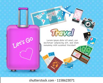travel around the world concept famous landmark summer banner luggage and plane aerial check in Design Invitation Template world map on Background Design, Card for greeting Poster, paper art, vector.