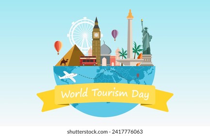 Travel around the world concept with famous world landmarks. World tourism day. Vector illustration.