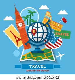 Travel around the world concept with flat modern icons. Vector illustration