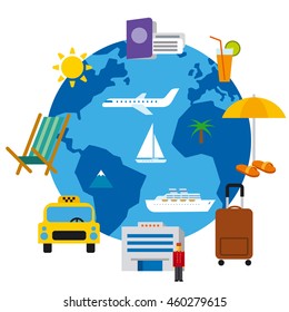 travel around the world concept flat illustration, sea resort, cruise and journey