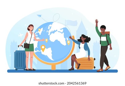 Travel around world concept. Friends stand next to large globe and choose country they will go. Men and women flying to another country. Cartoon flat vector illustration isolated on white background