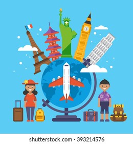 Travel around the world concept with landmark icons. Flat elements for web graphics and design. Isolated vector illustration