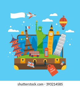 Travel around the world concept with landmark icons inside suitcase. Flat elements for web graphics and design. Isolated vector illustration