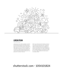 Travel around the world concept made in thin line vector style. Imagination and creatinve thinking illustration with place for your text.