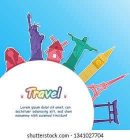 travel around the world concept on blue Background. Top world famous landmark. blank space for text and content paper art, vector, banner, Poster,