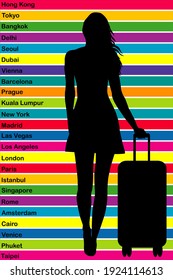 Travel around the world concept with silhouette of a female tourist and the name of the most famous tourist cities