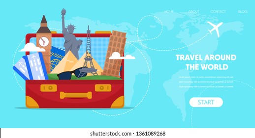 Travel Around World Concept. Suitcase Bag with Cartoon Famous Landmark Eiffel Tower Paris Statue Liberty Piza London Pyramid Vector Illustration. International Summer Trip Vacation