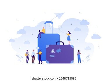 Travel around world concept. Vector flat person illustration. Group of multienthic male and female people with luggage tourist bags. Paper airplane. Design element for banner, background, sketch, art.