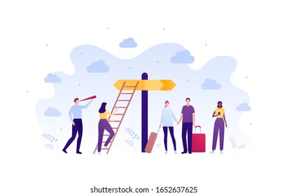 Reisen Sie durch das Weltkonzept. Vektorillustration Wohnung Personengrafik. Gruppe von multienthischen Männern und Frauen mit Spyglass, Leiter, Straßenschild und Telefon. Design-Element für Banner, Hintergrund, Skizze, Kunst