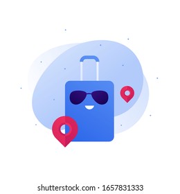 Viajar por el concepto mundial. Ilustración de carácter plano vectorial. Bolso turístico con sonrisa en gafas con signo de alfiler. Elemento de diseño para banner, fondo, boceto, arte.