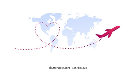 Travel around world concept. Vector flat character illustration. Red airplane flying along heart shape trajectory. Planet Earth map on background. Design element for banner, sketch, art.