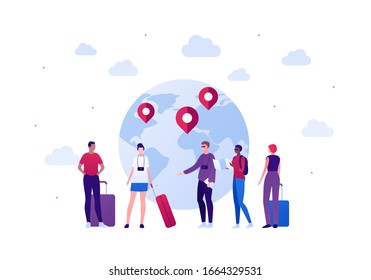 Travel around world concept. Vector flat person illustration. Group of multienthic men and women with baggage, camera, phone, guide. World map with pin. Design element for banner, background, sketch.