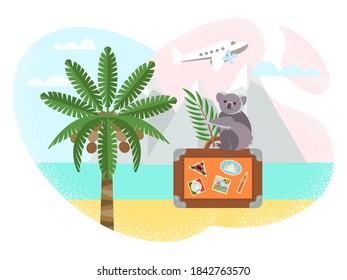 Travel around the world concept vector illustration. Koala sits on a suitcase with stickers from travels on the background of a landscape of mountains, ocean, palm tree, beach.