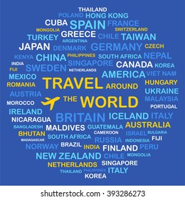 Travel around the world concept. Vector illustration of travel design composition. List of countries in the world. Country word cloud concept.