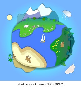  Travel around the world concept,planning a summer vacation,tourism and journey.Concept miniature globe showing the various modes life styles in the world.Paper cut style.Flat Landscape illustration