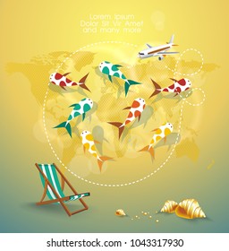 Travel around the world design with top view map, airplane and sea bottom with fish and paradise beach.