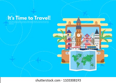 Travel around the world with different travel landmarks. It’s Time to Travel text. Travel concept background. Flat design vector illustration.