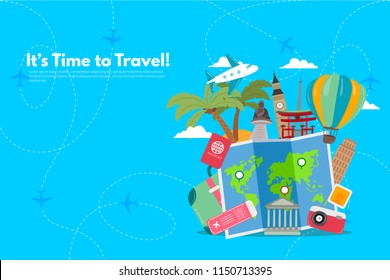 Travel around the world with different travel landmarks. It’s Time to Travel text. Travel concept background. Flat design vector illustration.