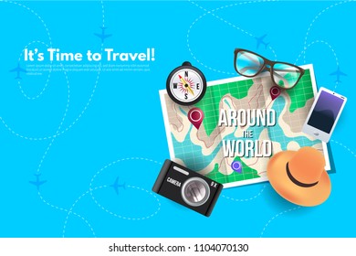 Travel around the world with different Vacation elements. It’s Time to Travel text. Travel concept background. Realistic design elements vector illustration.