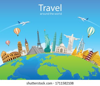 Travel Around  The World Of Europe, Asia And America. Famous Landmarks In Global. Vector Illustration Modern Flat Design. Tourism Business.
