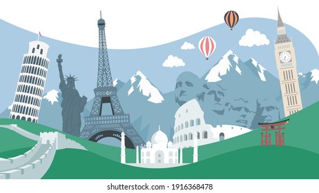 Travel around the world of Europe, Asia Famous landmarks in global and mountains landscape. vector.