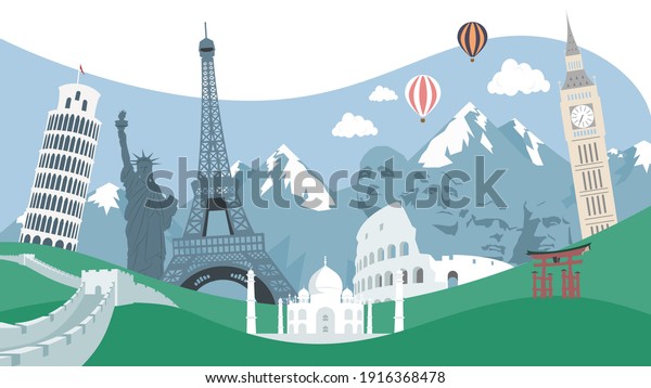 Travel around the world of\
Europe, Asia Famous landmarks in global and mountains landscape.\
vector.