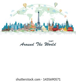 Travel around the world with famous attractions and copy space. Vector illustration