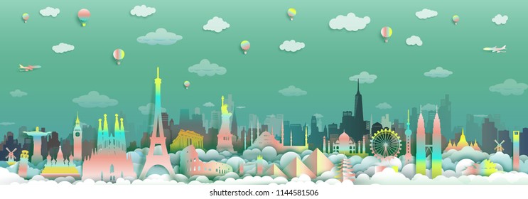 Travel around the world famous countries landmarks with city background go to France,England,Spain,Italy,Egypt,America,Europe and Asia with paper cut and gradient style for travel poster and postcard.