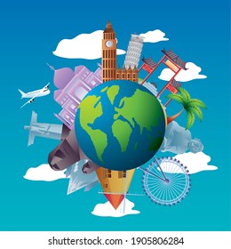 travel around of world with famous landmarks vacations tourism vector illustration
