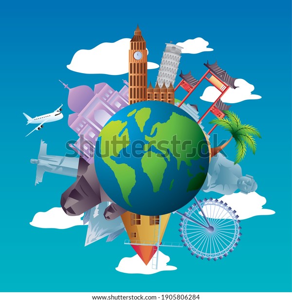 travel around of world with famous landmarks\
vacations tourism vector\
illustration