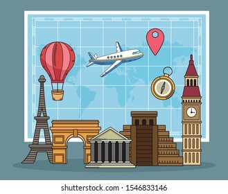 travel around the world with famous places vector illustration design