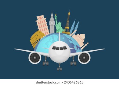 Travel around the world, famous tourism landmarks in around the earth icon and Airplane