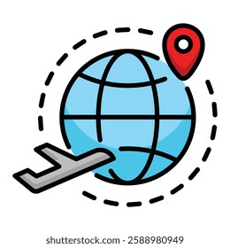 Travel around the world flat icon, representing global tourism, international trips, and world exploration, vector symbol with editable stroke and colour