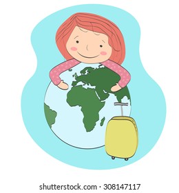 Travel around the world. Girl preparing to travel - in the hands holding the planet and yellow suitcase.