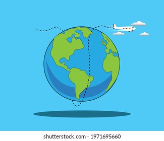 Travel around the world. Globe map, airplane and route, vector illustration