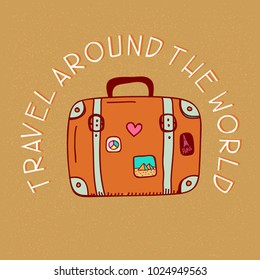 travel around the world. Hand drawn vector background with suitcase