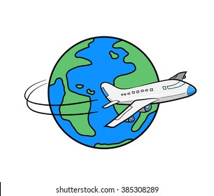 Travel Around the World, a hand drawn vector illustration of an airplane flying around the globe, all graphic main objects are on separate groups for easy editing.