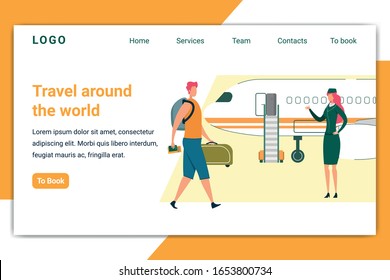 Travel around World Horizontal Banner. Man with Luggage Walking to Airplane with Stewardess Meeting him at Ladder. Tourist Flying for Vacation on Plane, Holidays Trip Cartoon Flat Vector Illustration