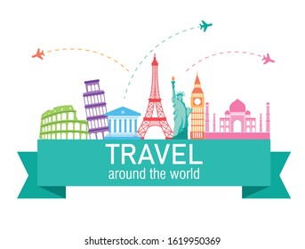 Travel around the world isolated on white background. Famous world landmarks located on the globe. Travel tourism label with attractions. Vector illustration flat design.