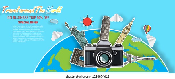 Travel around the World and landmarks on the globe. Concept website template