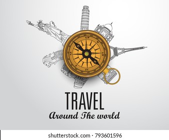 Travel Around The World And Landmarks On The Globe. 